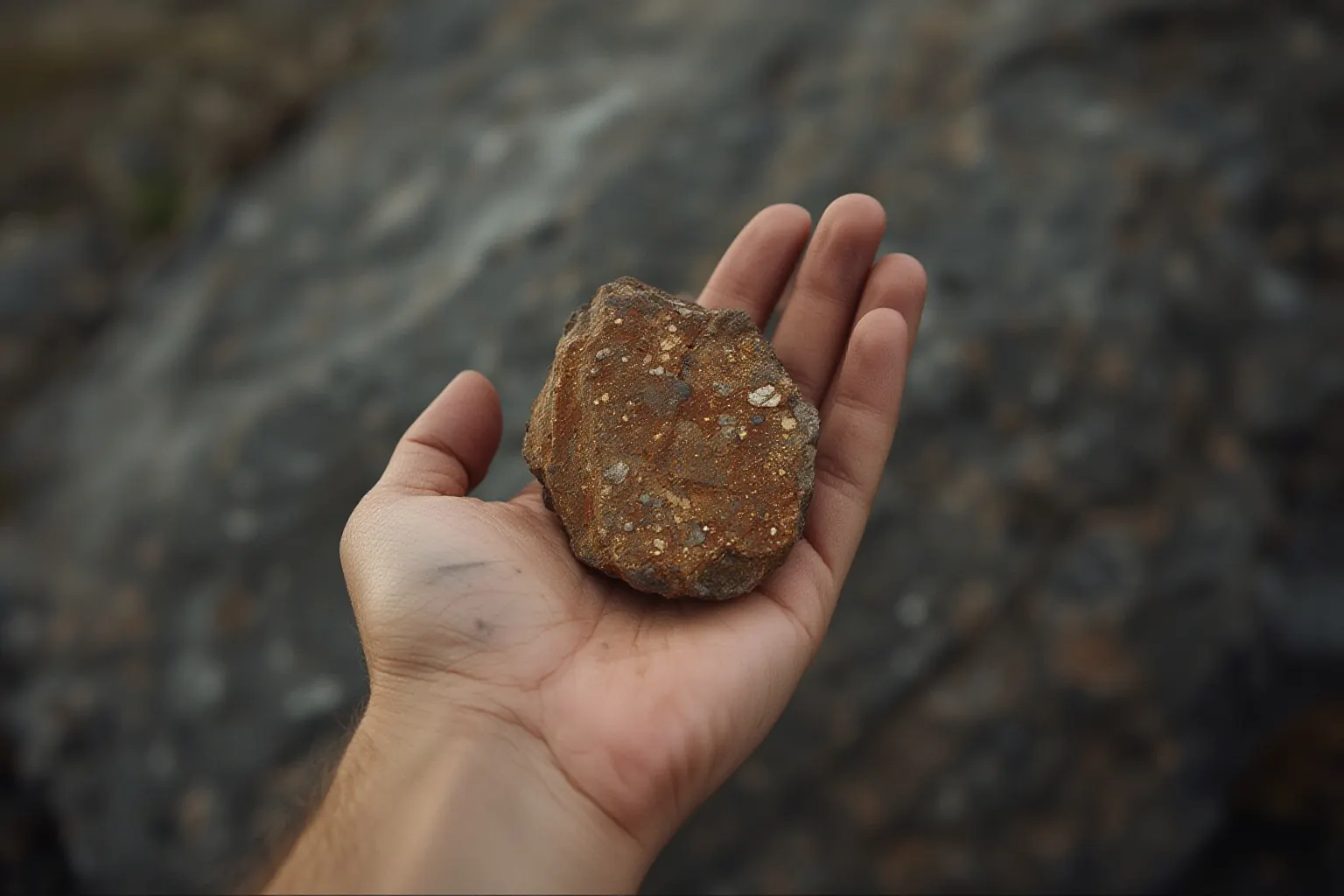 A hand holding a rusty rock flecked with gold, over a weathered rock face