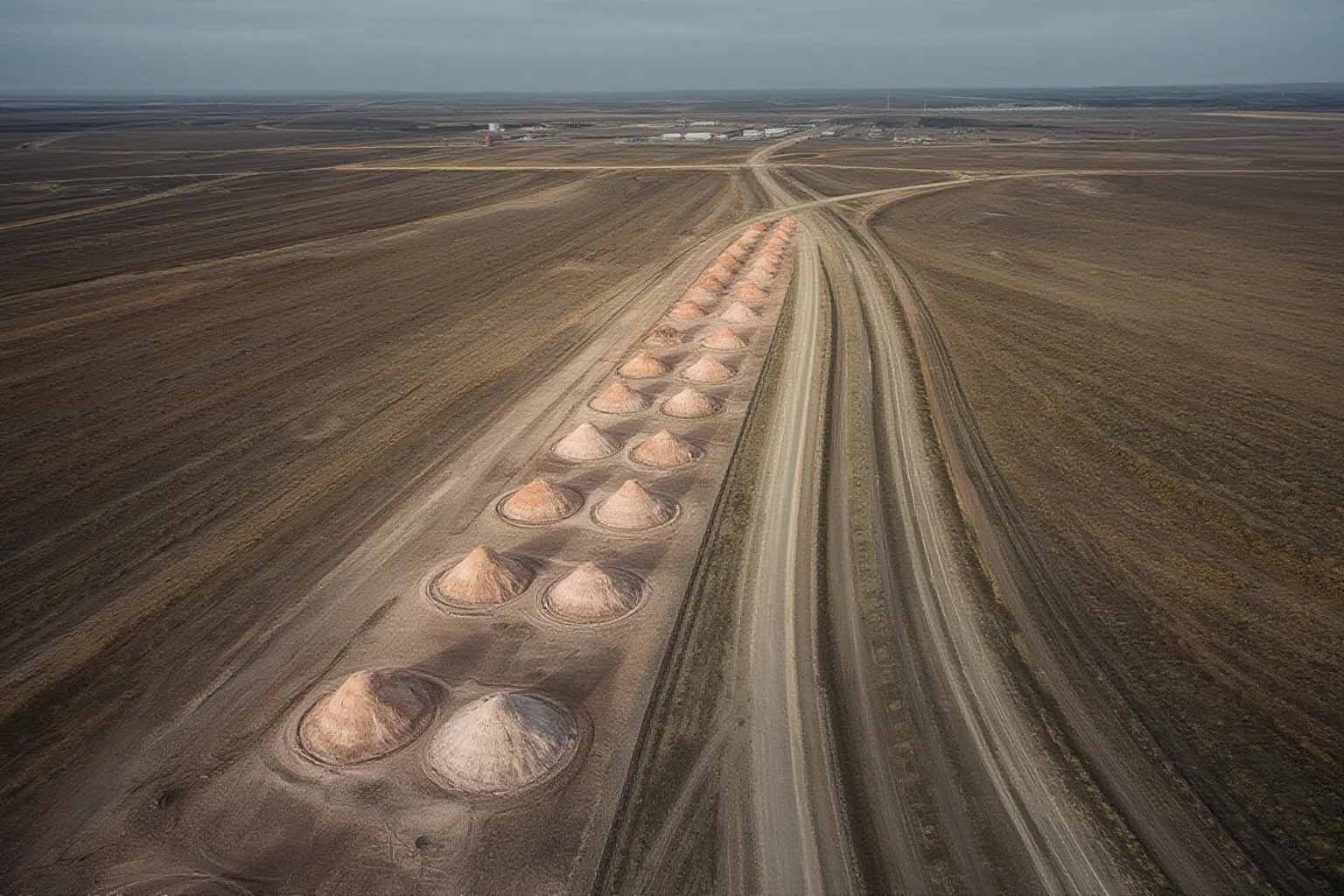 Aerial view of pale stockpiles in rows beside haul roads on flat prairie