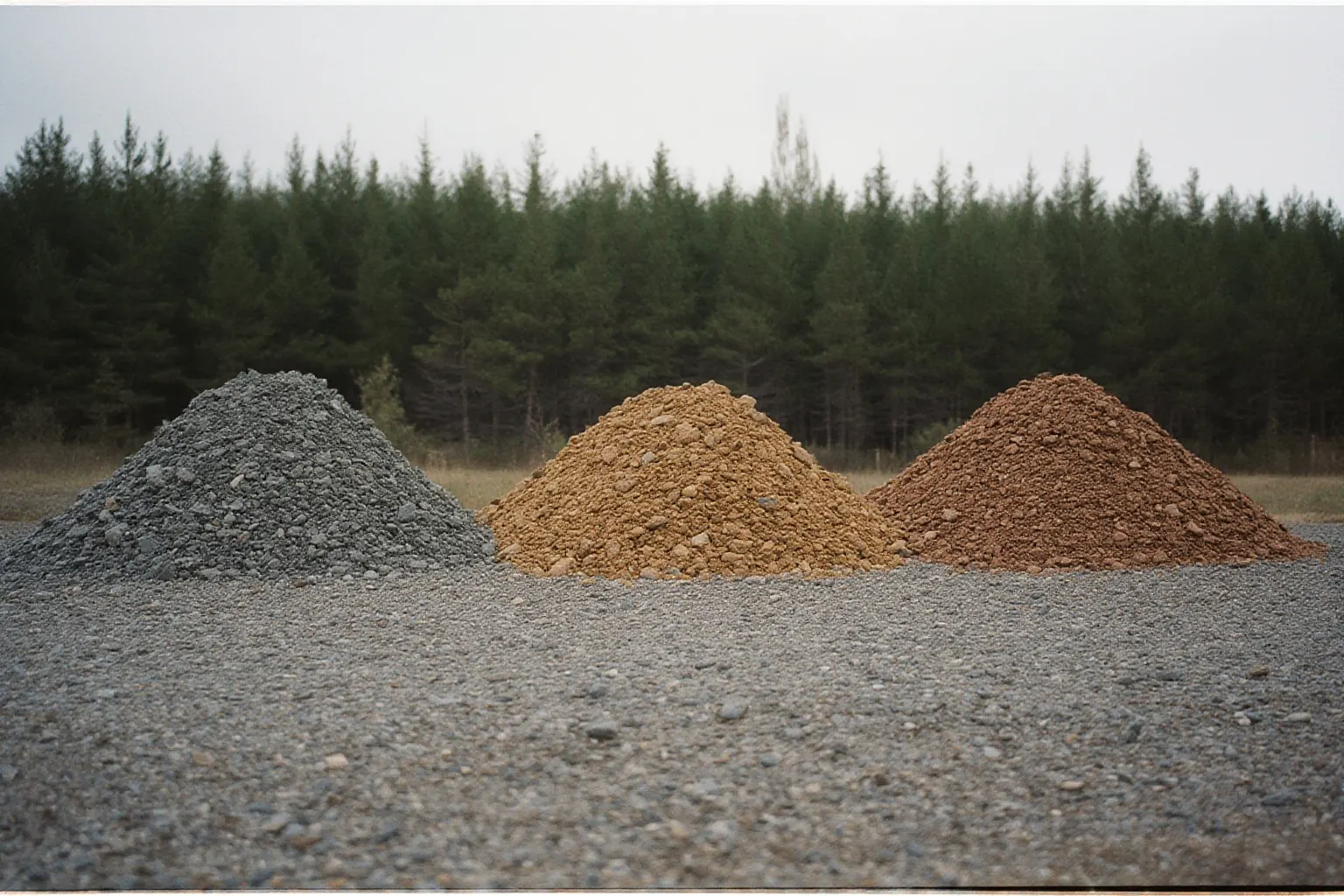 Three heaps of graded crushed rock on a gravel pad in front of spruce