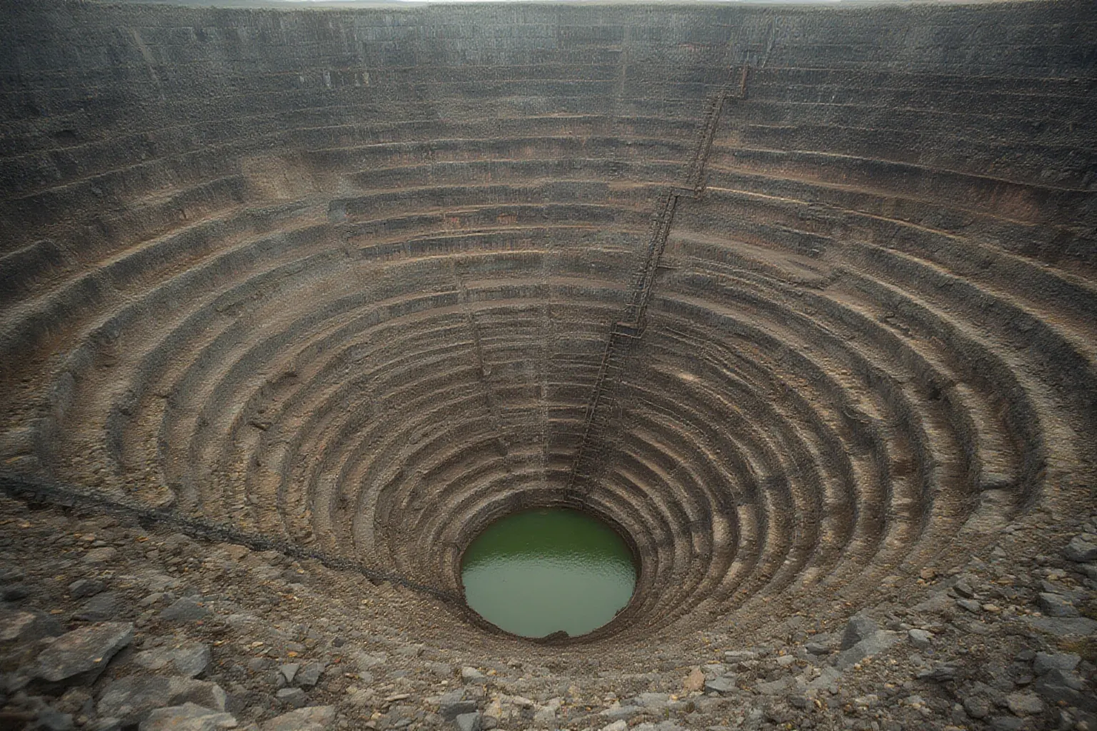 Open-pit mine with terraced benches, a spiral haul ramp and a small green pool