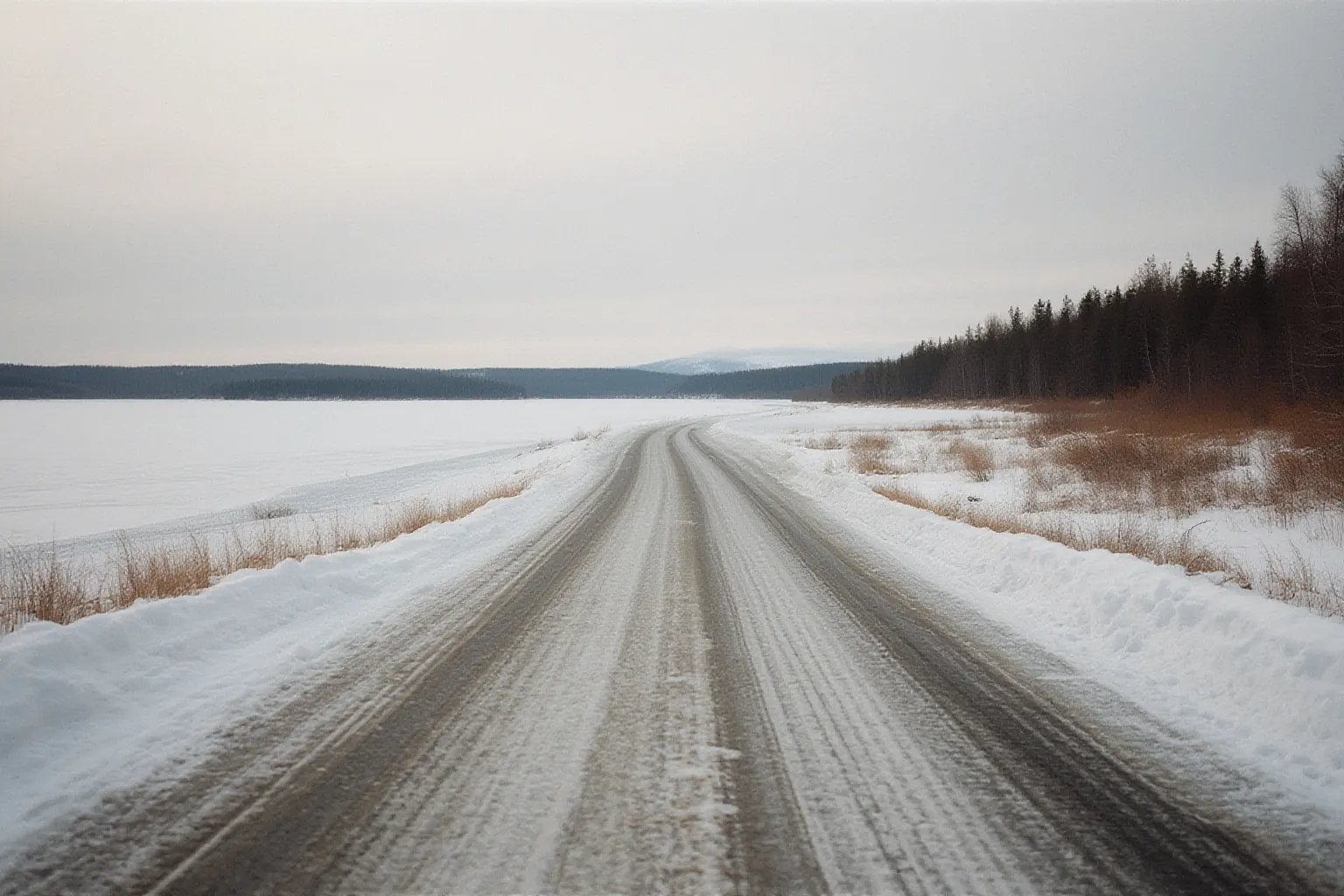 Winter road curving across a frozen lake toward a spruce shoreline