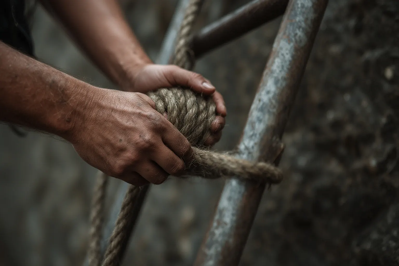 Two hands gripping a thick braided rope beside a steel ladder