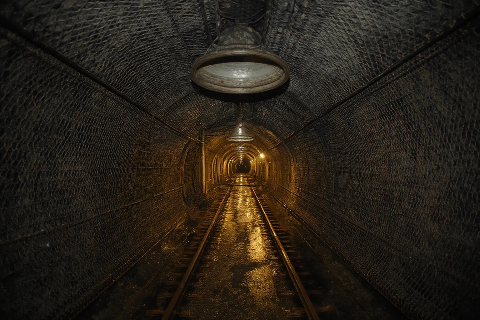 Underground drift with rock-bolt mesh, a ventilation duct and rails on a wet floor