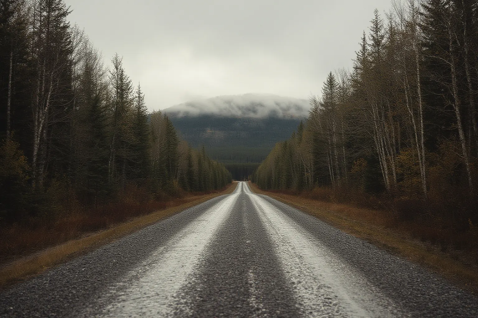 Gravel road running into boreal forest toward a distant ridge under low cloud