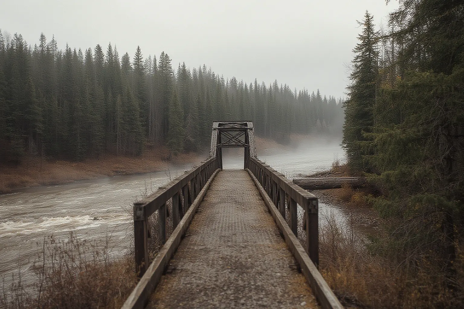 A narrow bridge with timber railings crossing a fast brown river in misty boreal forest